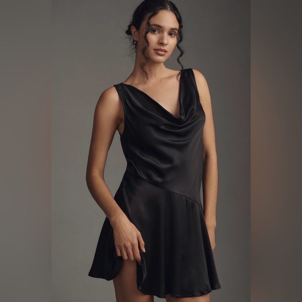 Anthropologie Black Satin Cowl Neck Mini Dress